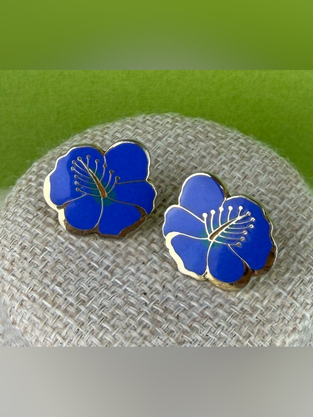 Vintage Laurel Burch "Hibiscus" Cobalt Blue Enamel Flower Pierced Earrings